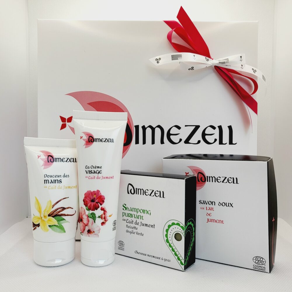 Coffret Cosmétique Bio Lait Jument Dimezell La Jumenterie de Cornouaille Bretagne Breton Savon Shampoing Crème Visage Corps Mains Solide Zéro déchet