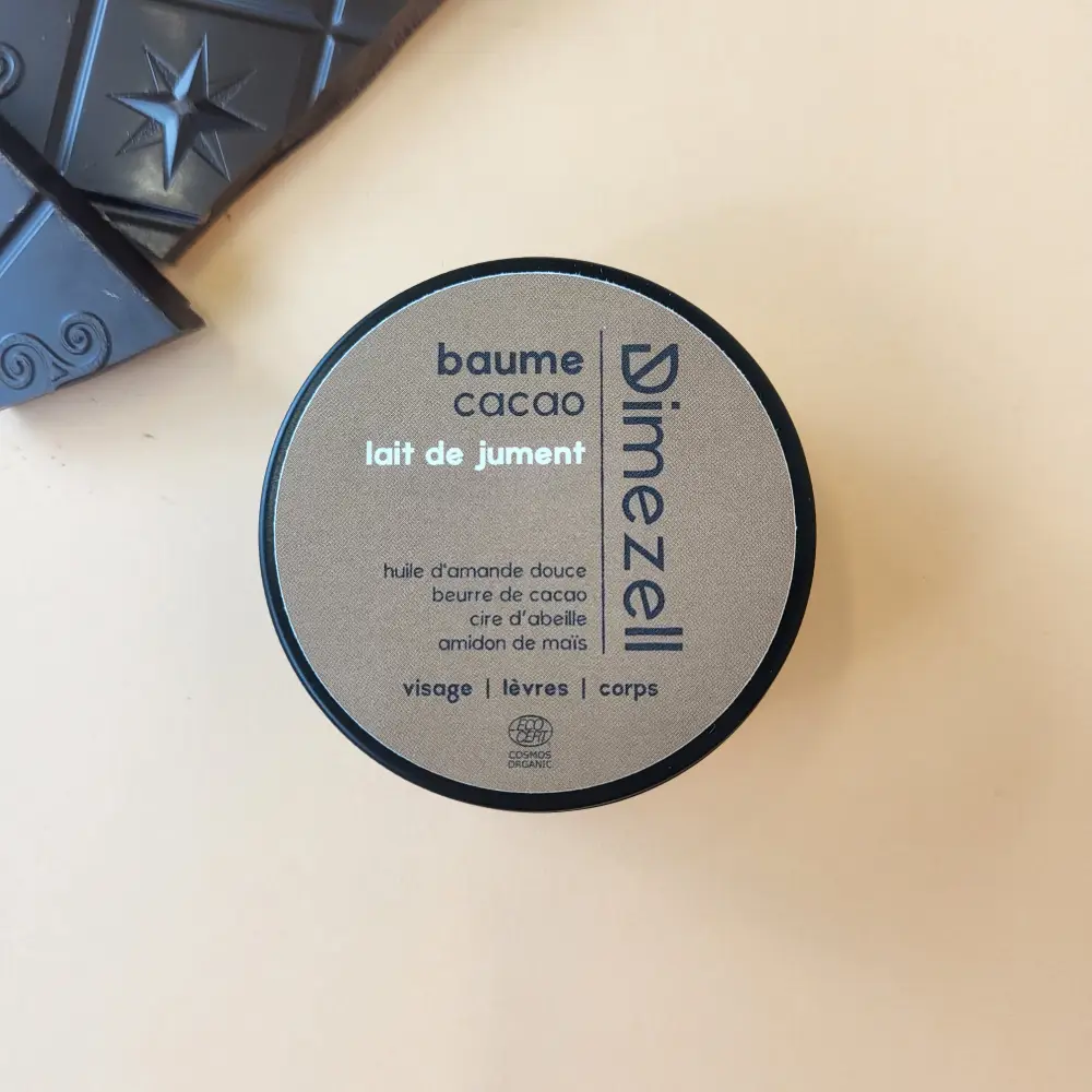 Baume artisanal bio au lait de jument et au beurre de cacao pour le visage, les lèvres et le corps