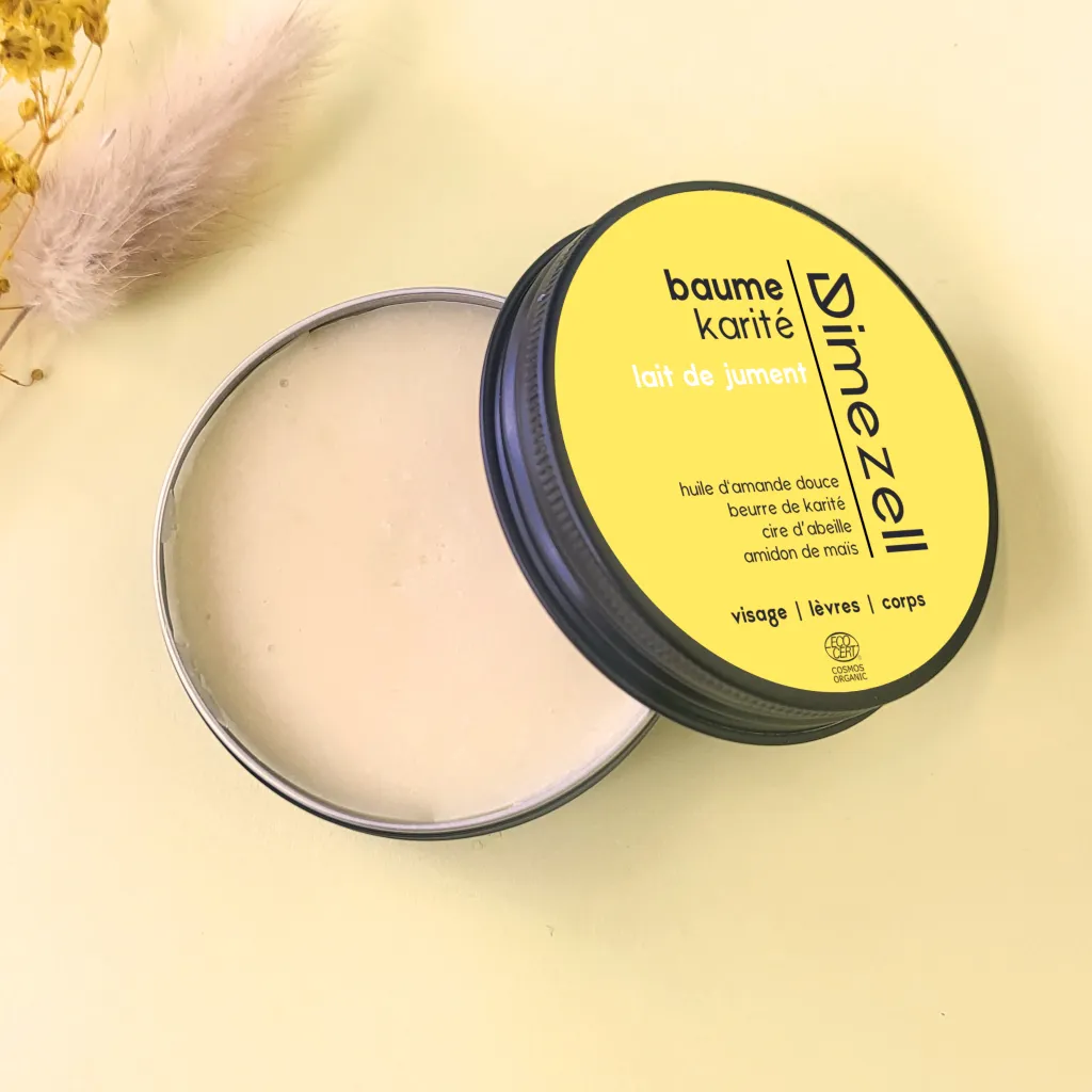 Baume artisanal bio au lait de jument et au beurre de karité pour le visage, les lèvres et le corps Dimezell
