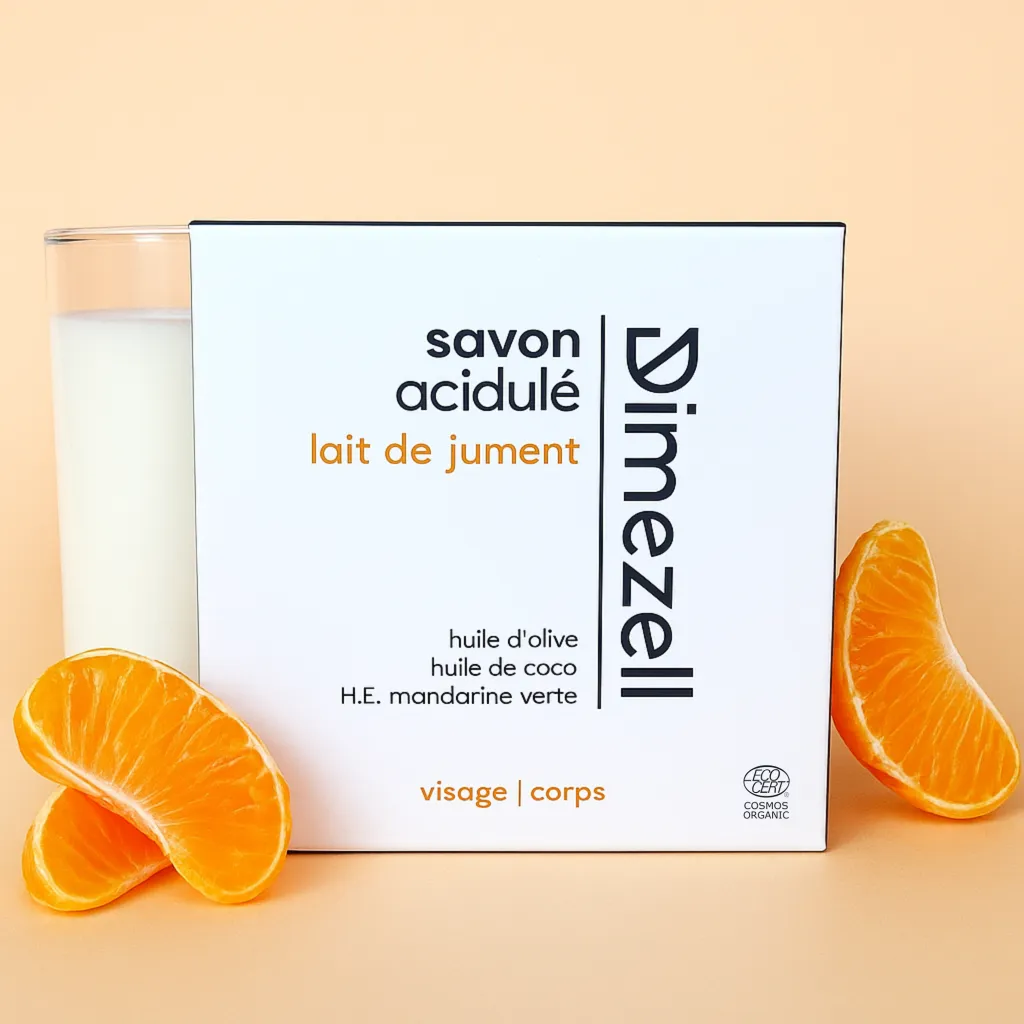 Savon artisanal bio au lait de jument et à l'huile essentiel de mandarine verte Dimezell
